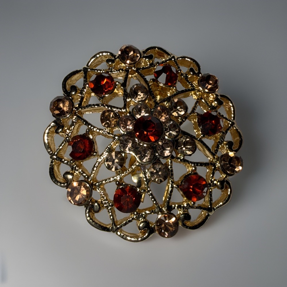 Vintage Gold Tone Filigree Round Brooch Smoky Topaz Champagne Brown Rhinestones